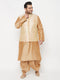 Vastramay PLUS Men's Gold Zari Weaved Nehru Jacket With Kurta Dhoti set